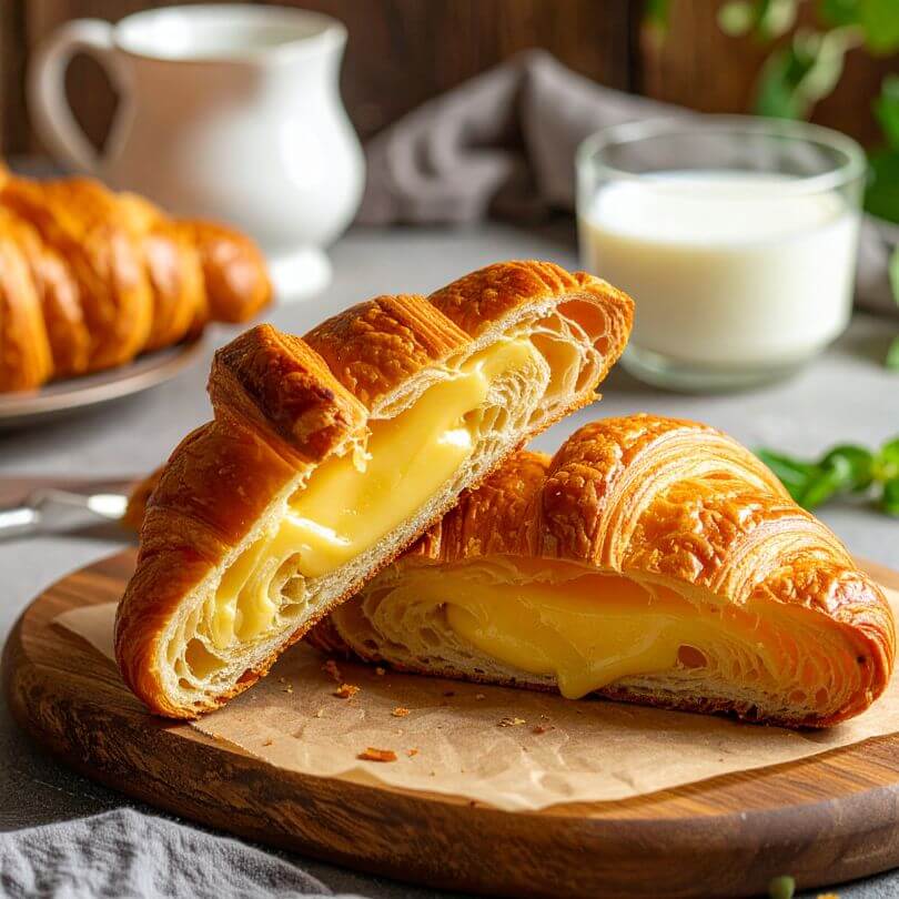 15 Cornetti proteici ripieni di crema pasticcera su un tagliere di legno, con crema all'interno e latte sullo sfondo.