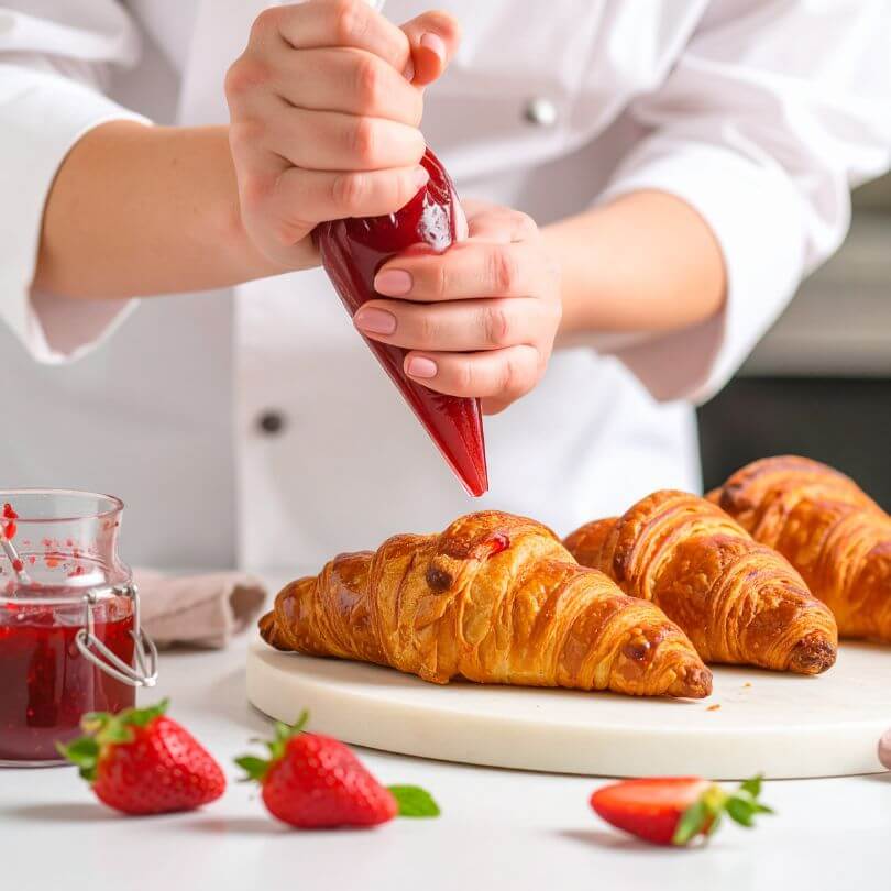 15 Cornetti proteici ripieni di purea alla fragola in preparazione con fragole fresche.