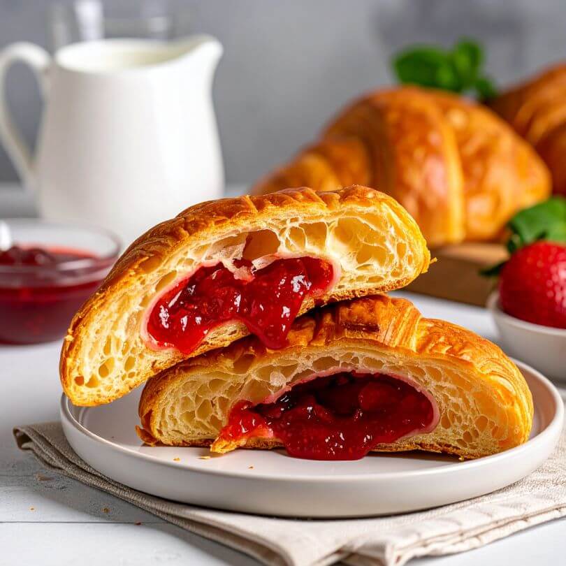 15 Cornetti proteici ripieni di purea alla fragola su piatto, con marmellata di fragole e crema accanto.