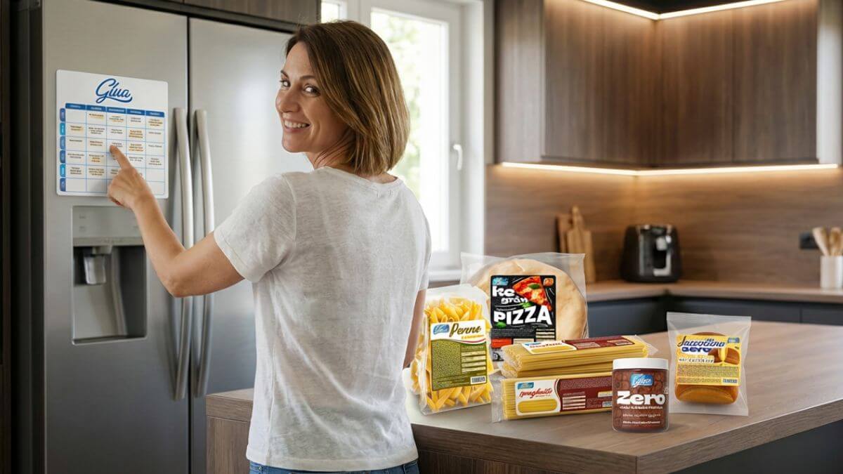 Donna nella cucina con prodotti per dieta chetogenica e calendario, sorridente vicino al frigorifero.