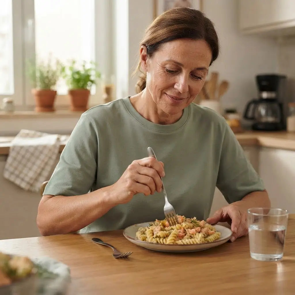 Donna che gusta Fusilli keChef al Salmone in un contesto domestico, piatto keto pronto da mangiare.