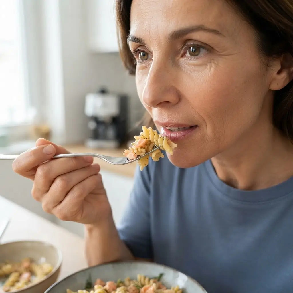 Fusilli keChef al Salmone: donna che mangia pasta con salmone affumicato, piatto keto pronto in 90 secondi.