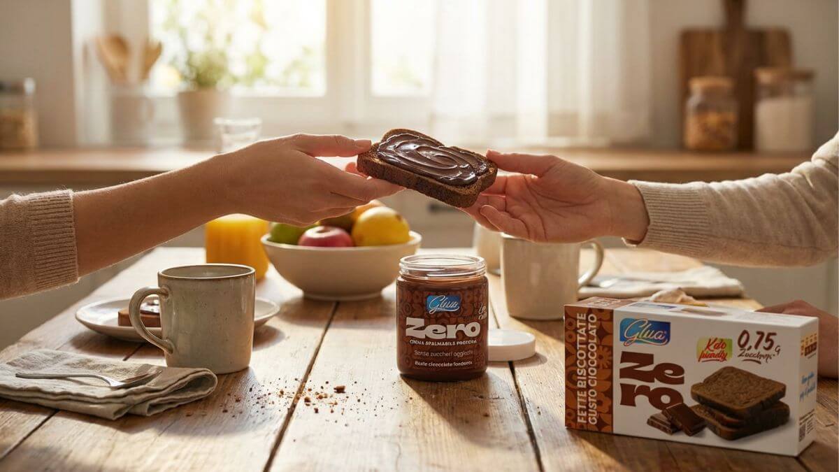 Mani che si scambiano un dolce keto con crema, in una cucina luminosa, simbolo della dieta chetogenica.