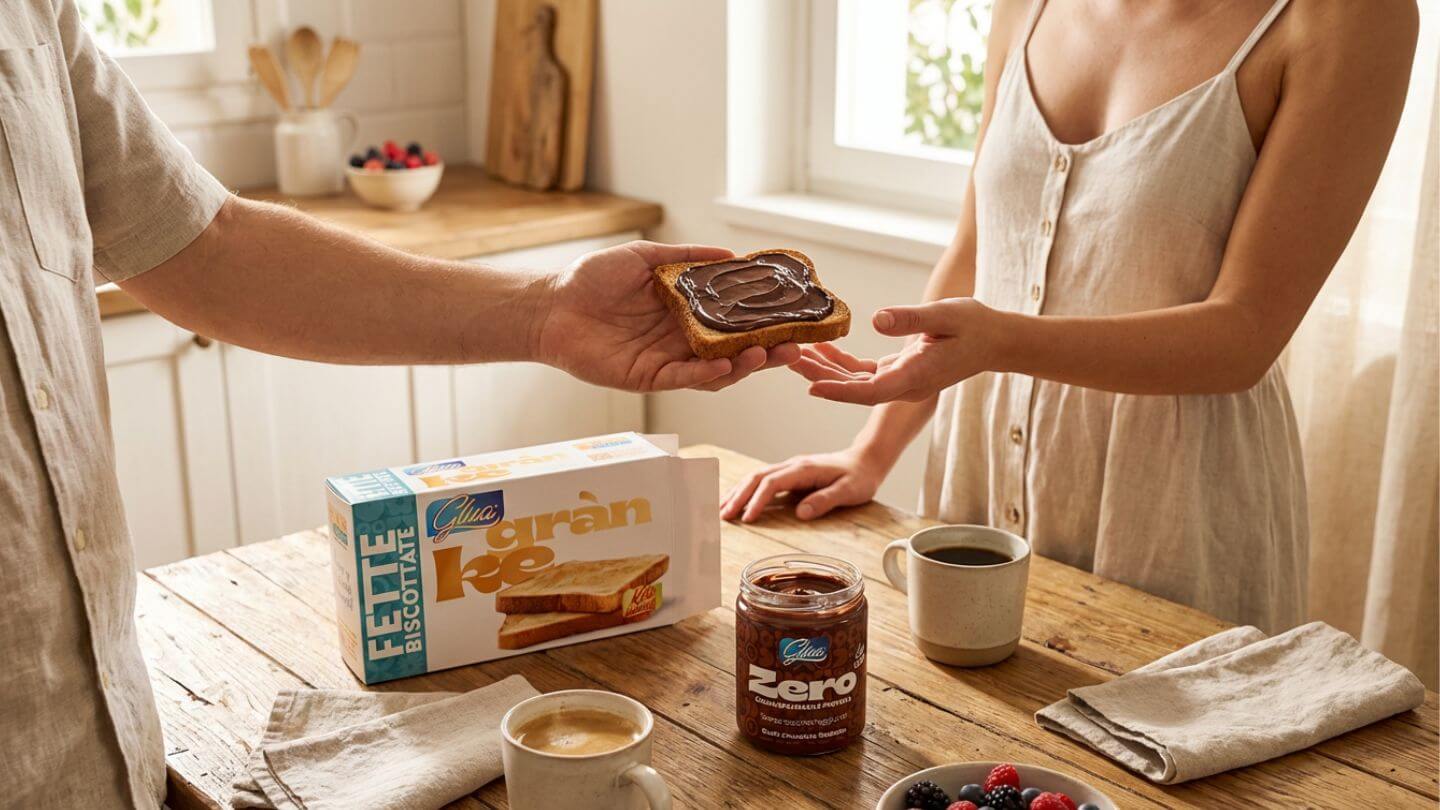 Due persone che condividono un toast con crema spalmabile keto, cimeli di caffè e frutti di bosco, rappresentando la dieta chetogenica.