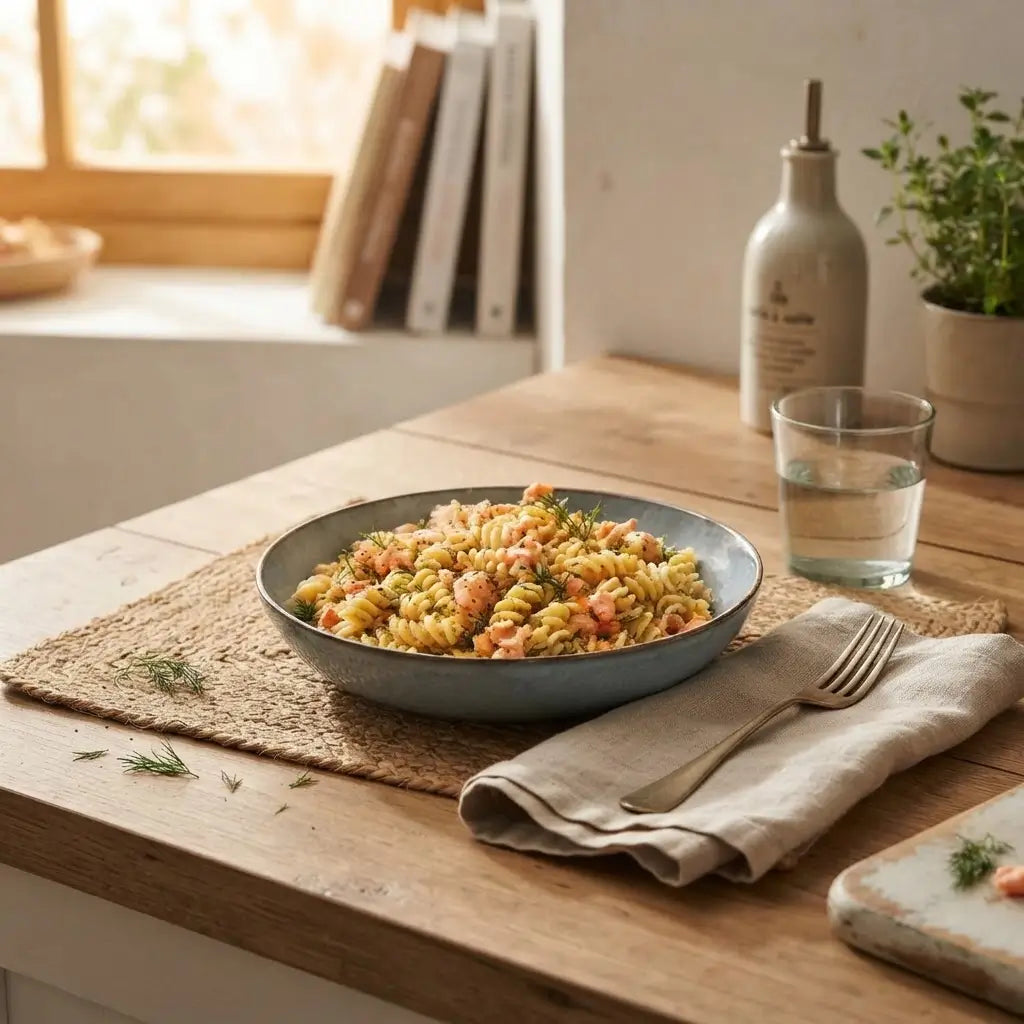 Fusilli keChef al Salmone in un piatto con salsa cremosa e salmone, piatto keto pronto in 90 secondi.