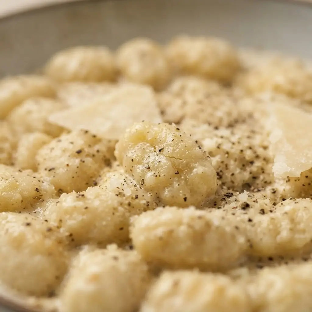 Gnocchi Keto al cacio e pepe keChef in una ciotola con salsa cremosa e pepe.