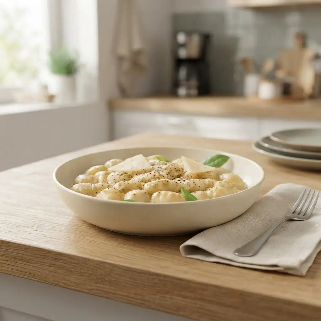 Gnocchi Keto al cacio e pepe keChef serviti in un piatto bianco, pronti da gustare in un ambiente cucina accogliente.