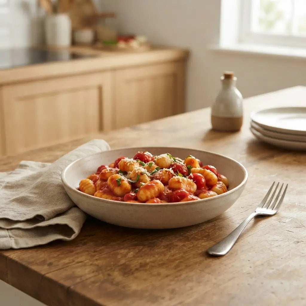 Gnocchi Keto al Pomodoro e Basilico keChef serviti in un piatto con pomodorini freschi e basilico.