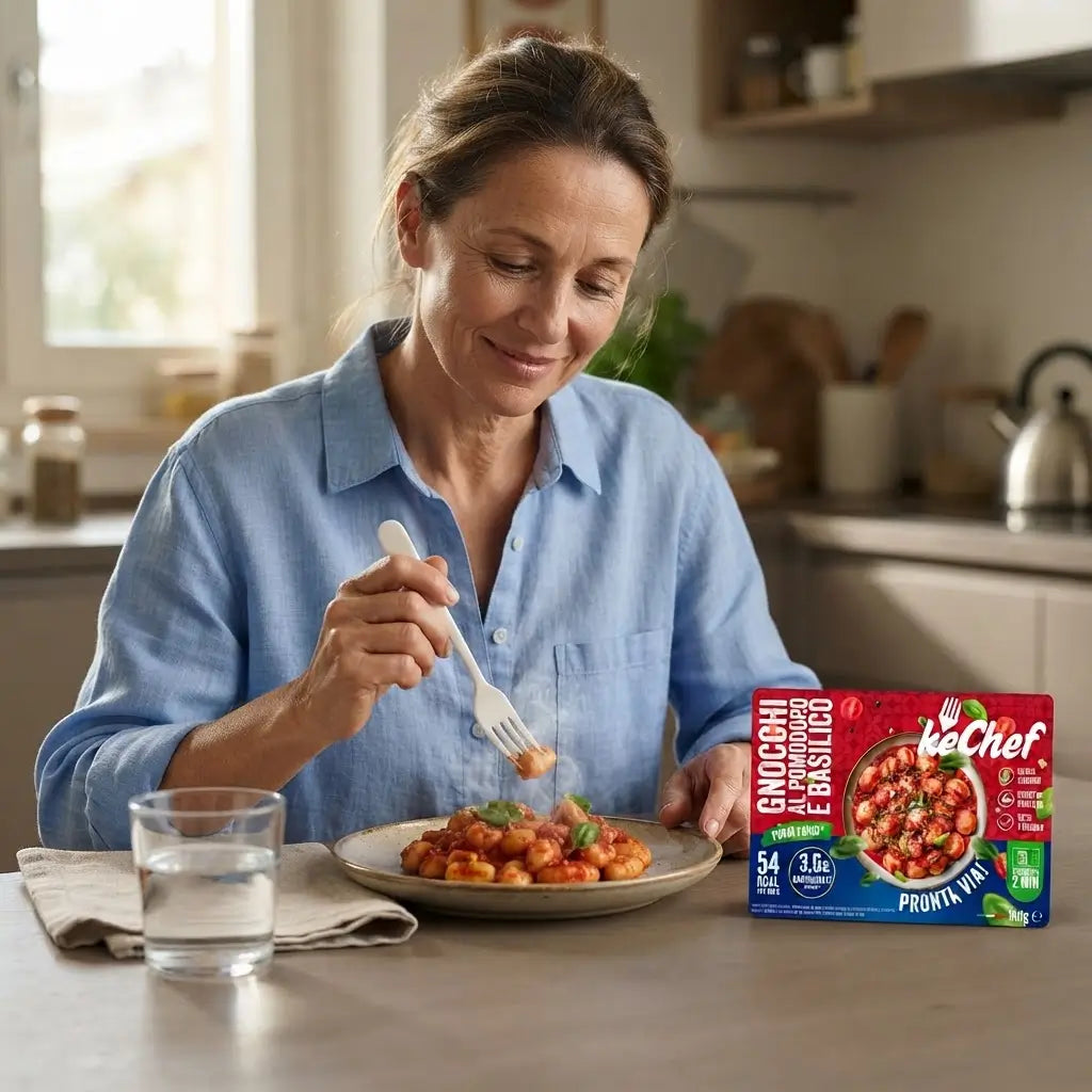 Donna che gusta Gnocchi Keto al Pomodoro e Basilico keChef, piatto pronto ideale per alimenti keto.