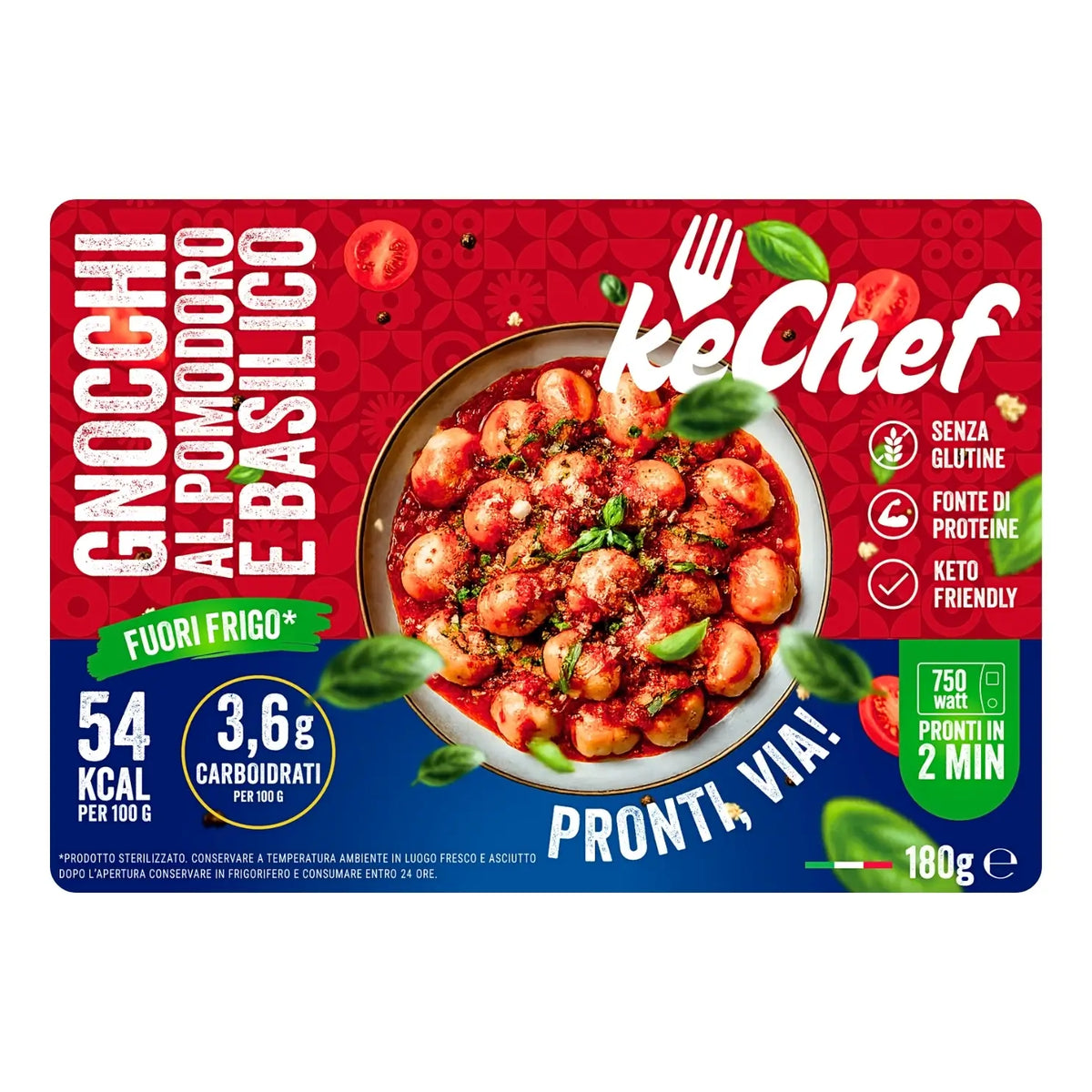 Gnocchi Keto al Pomodoro e Basilico keChef in confezione da 180g, piatto pronto, solo 6,5 g di carboidrati.