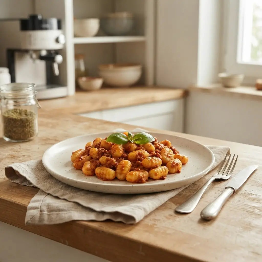 Gnocchi Keto alla Bolognese serviti in un piatto con basilico fresco, piatto pronto e alimenti keto.