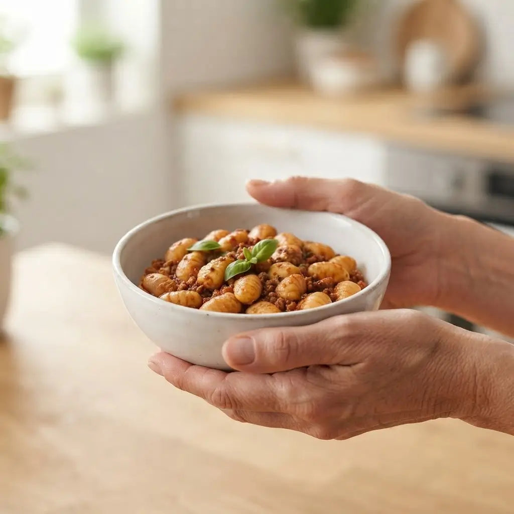 Gnocchi Keto alla Bolognese serviti in una ciotola, piatti pronti a basso contenuto di carboidrati.
