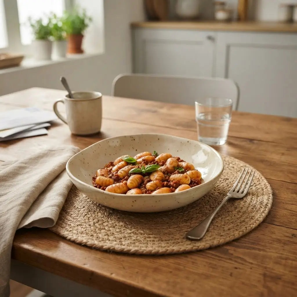 Gnocchi Keto alla Bolognese serviti in un piatto bianco su un tavolo rustico, piatti pronti per pasti keto.