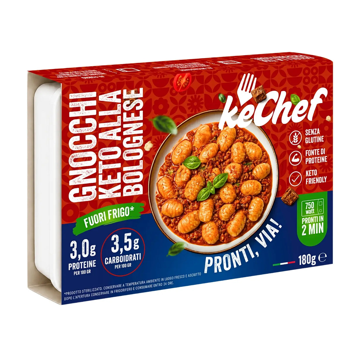 Gnocchi Keto alla Bolognese in vaschetta, piatto pronto keto con 3,5g di carboidrati per 100g, pronti in 90 secondi.