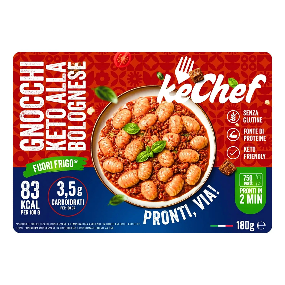 Gnocchi Keto alla Bolognese pronti, alimenti keto, piatti pronti con 3,5g di carboidrati per 100g.