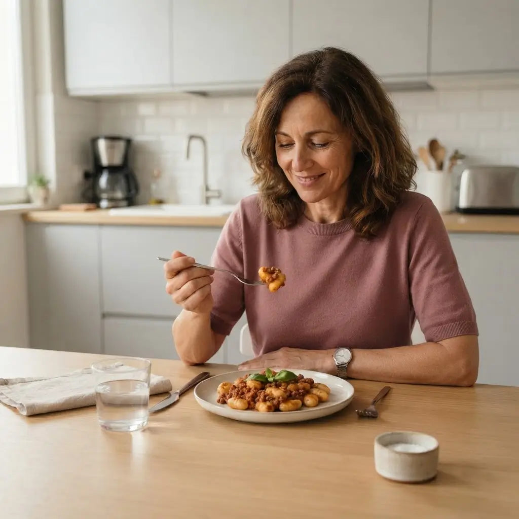 Donna che gusta Gnocchi Keto alla Bolognese in un piatto, piatti pronti e alimenti keto nella cucina moderna.