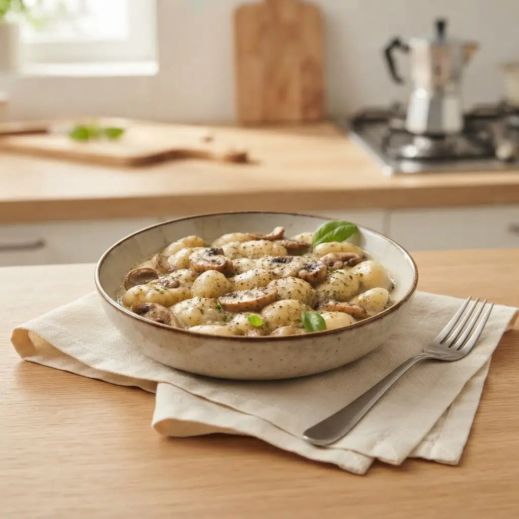 Gnocchi Keto alla Crema ai Funghi keChef serviti in una ciotola con funghi e basilico freschi.
