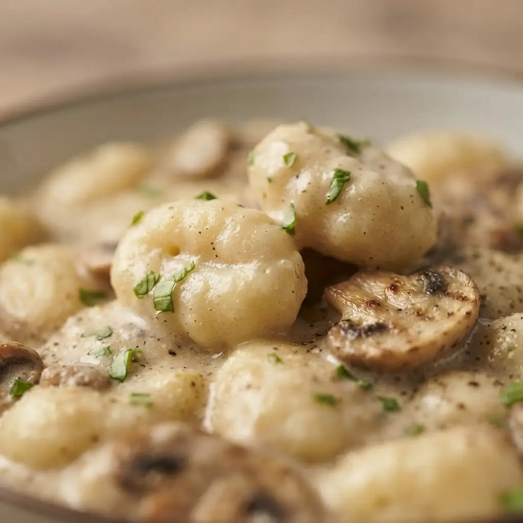 Gnocchi Keto alla Crema ai Funghi keChef in salsa ai funghi con champignon, piatto pronto e alimenti keto.