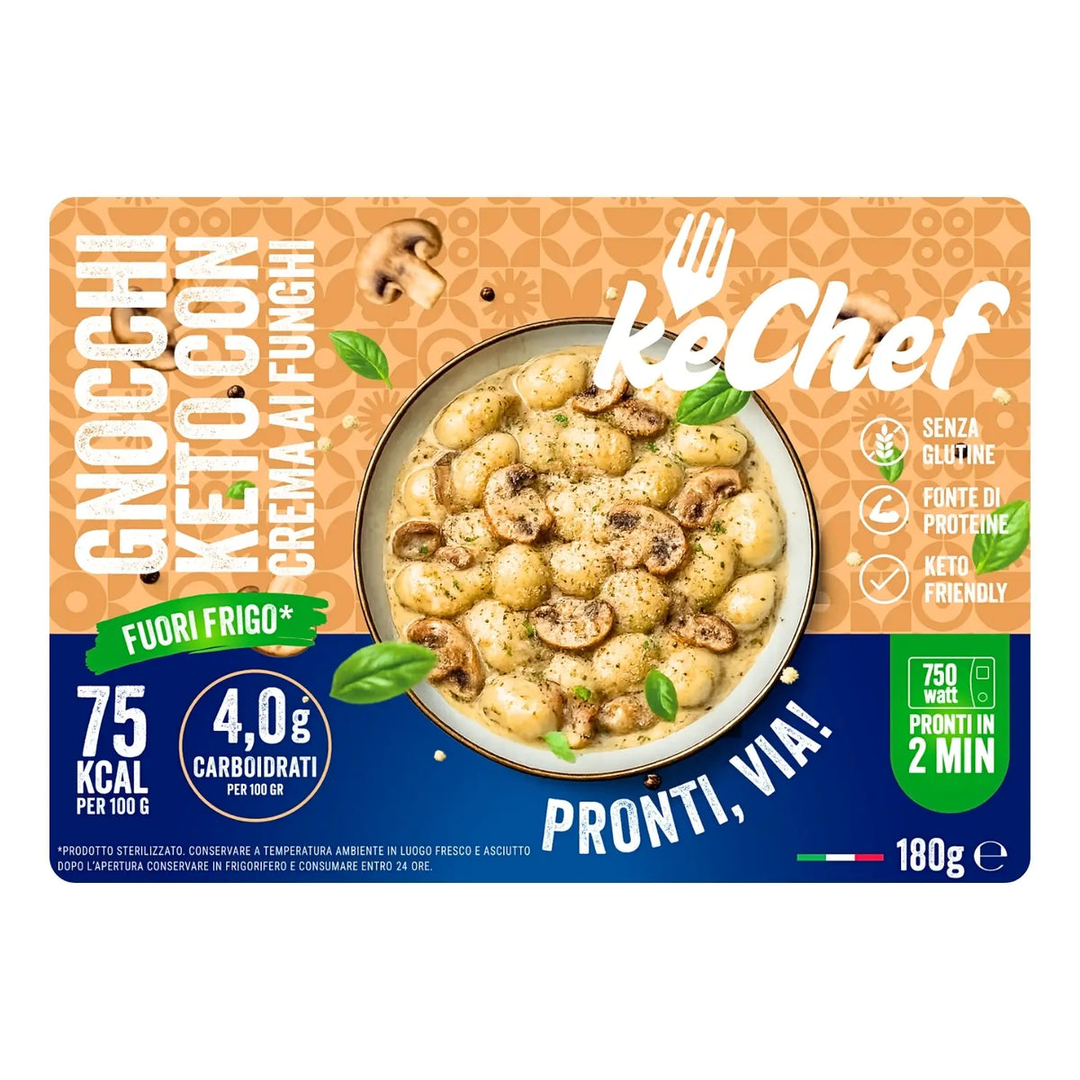 Gnocchi Keto alla Crema ai Funghi keChef in vaschetta 180g, pronti in 90 secondi, con solo 4g di carboidrati.