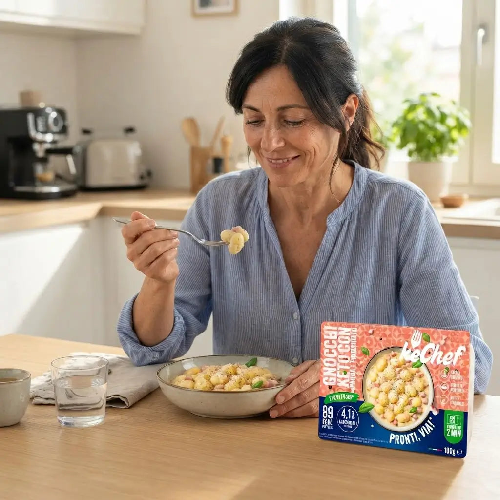 Donna felice mentre gusta Gnocchi Keto con Panna e Prosciutto keChef a tavola.