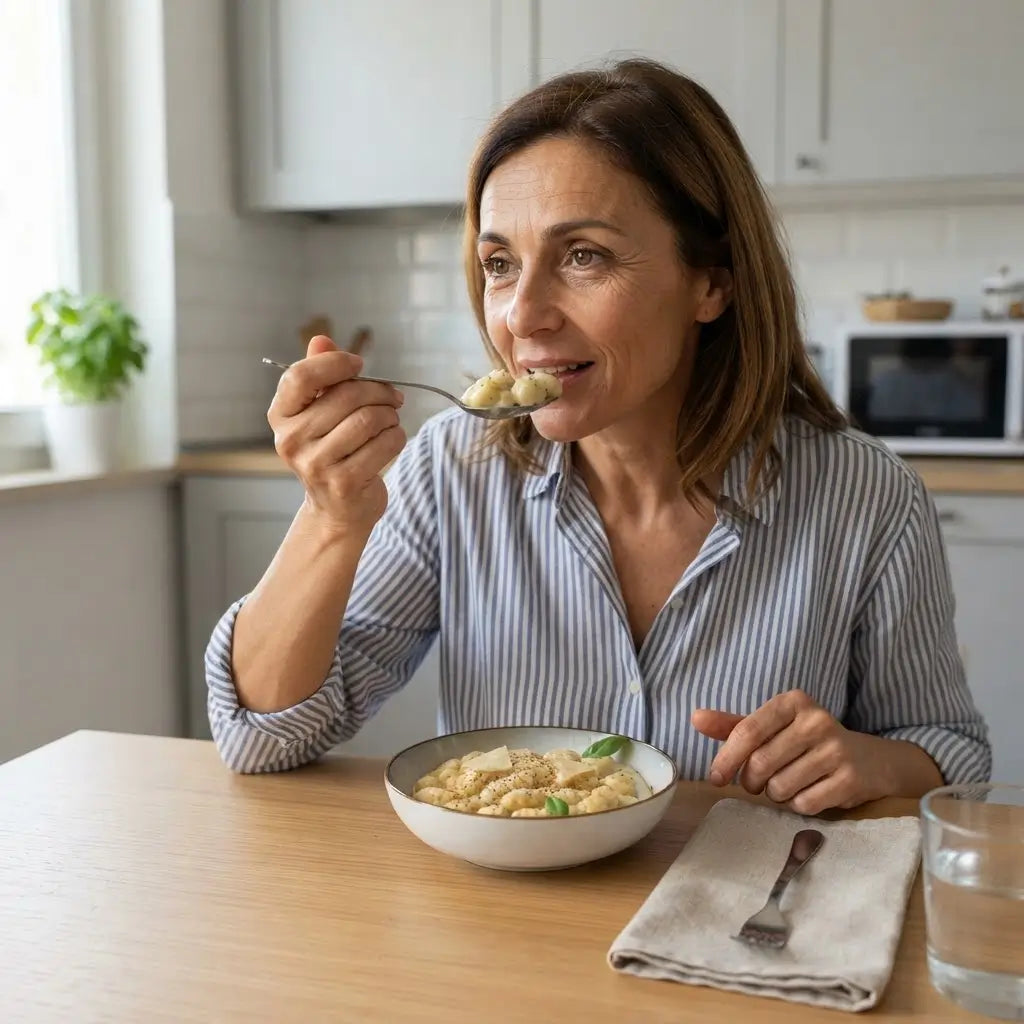 Donna che gusta gli Gnocchi Keto al cacio e pepe keChef in una ciotola, un pranzo veloce e delizioso.