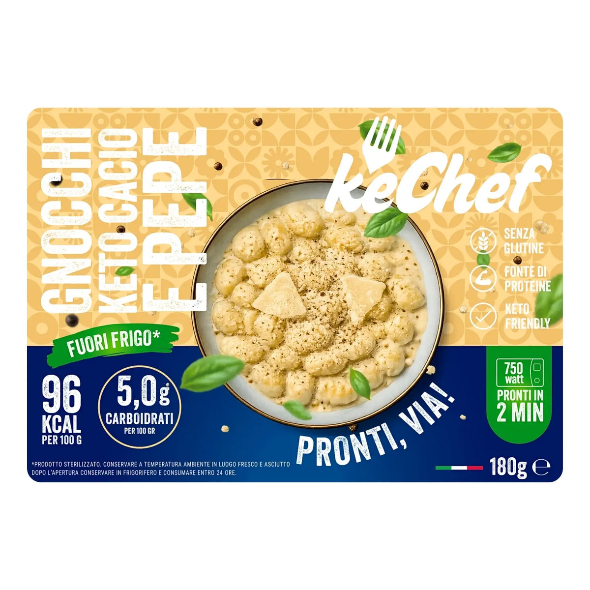 Gnocchi Keto al cacio e pepe keChef, piatto pronto in 90 secondi, solo 5g di carboidrati per 100g.