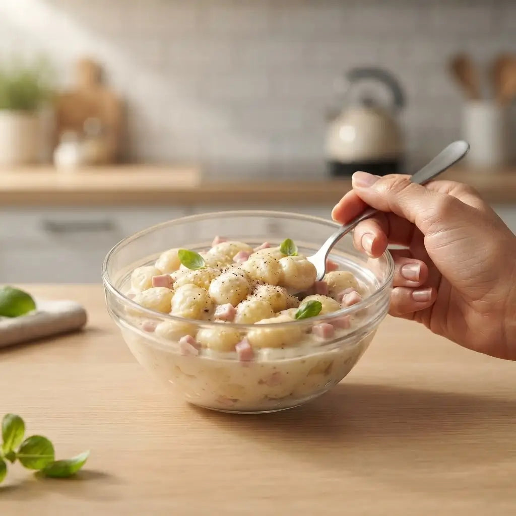Gnocchi Keto con Panna e Prosciutto keChef in ciotola con crema e prosciutto, piatto pronto keto.
