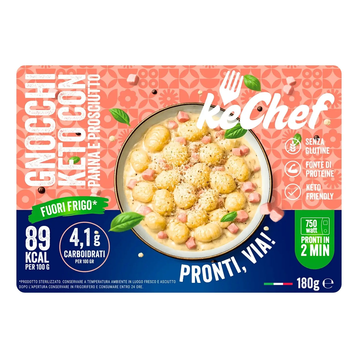 Gnocchi Keto con Panna e Prosciutto keChef in vaschetta, piatto pronto keto a basso contenuto di carboidrati.
