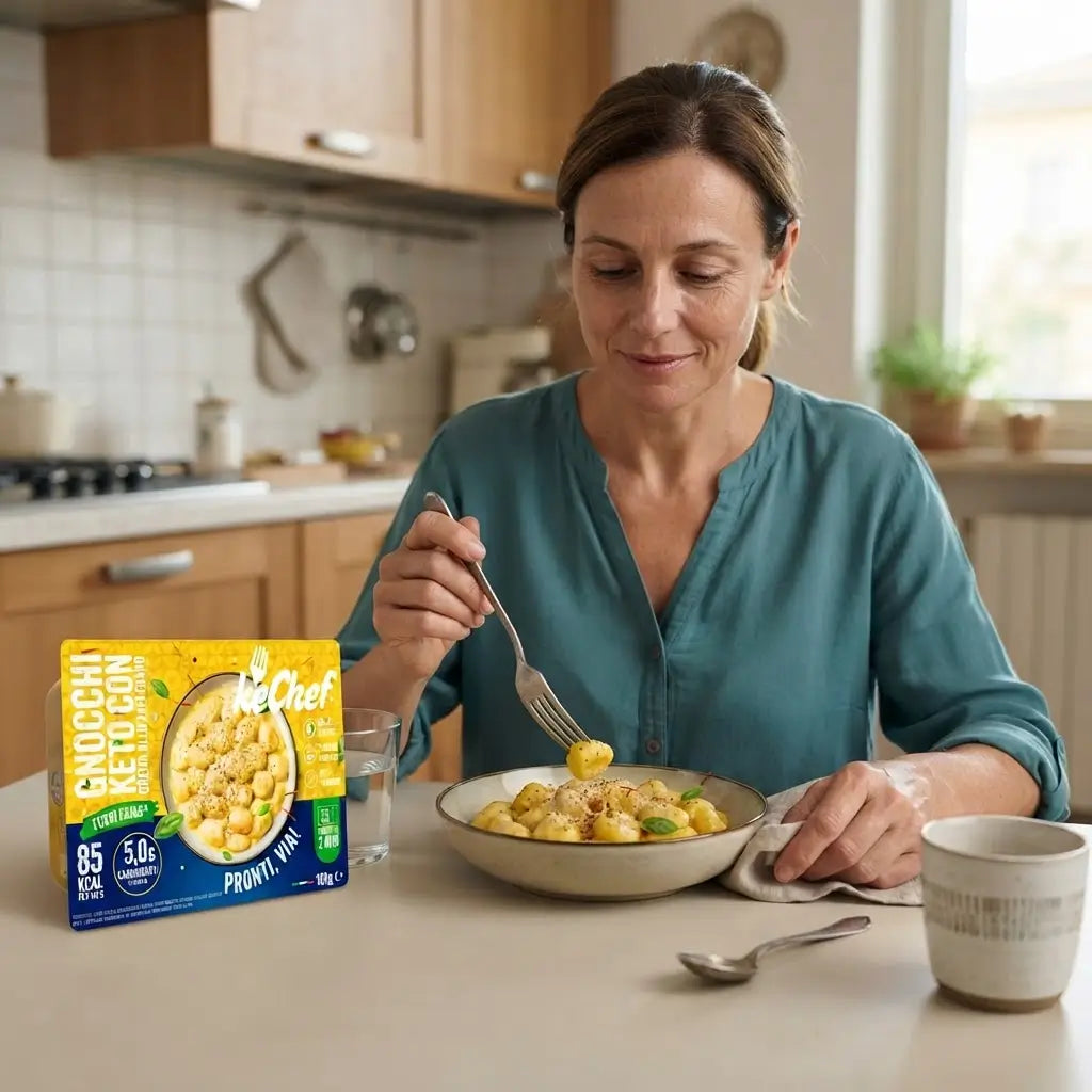 Gnocchi Keto crema allo zafferano keChef serviti in una ciotola da una donna durante il pasto in cucina.