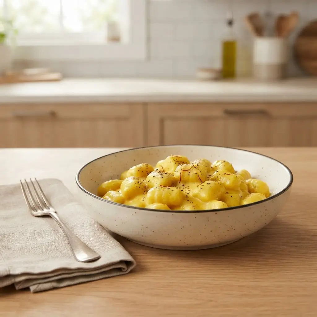 Gnocchi Keto crema allo zafferano keChef serviti in una ciotola, piatto pronto con 5g di carboidrati per 100g.