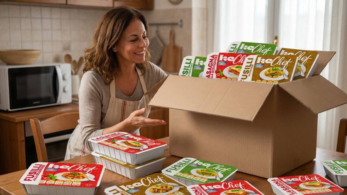 Donna sorridente mentre apre una scatola di pasti pronti con piatti sani e opzioni per dieta chetogenica.