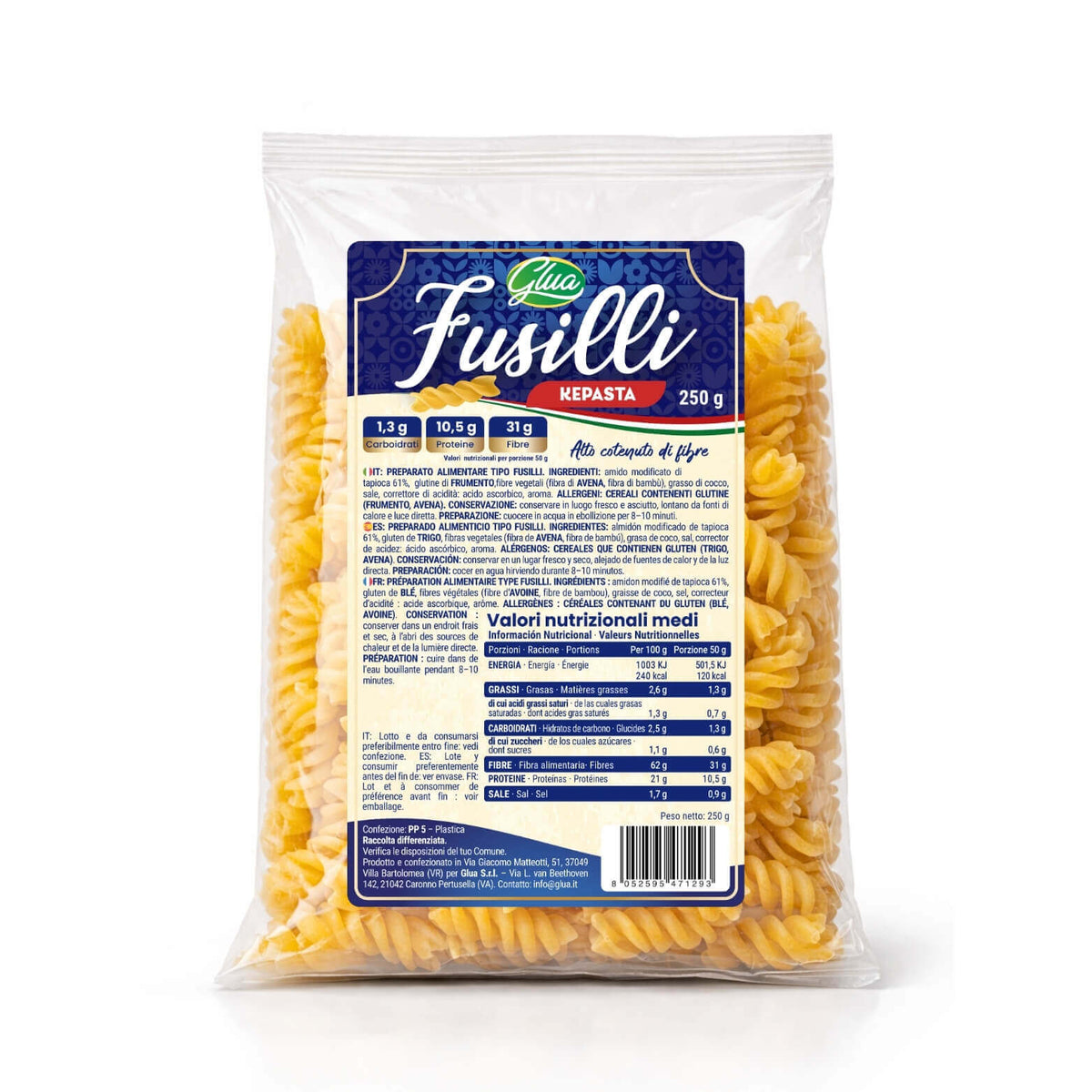 Kepasta fusilli 2.5 in confezione trasparente, ideale per dieta chetogenica, 250 g di pasta a spirale.