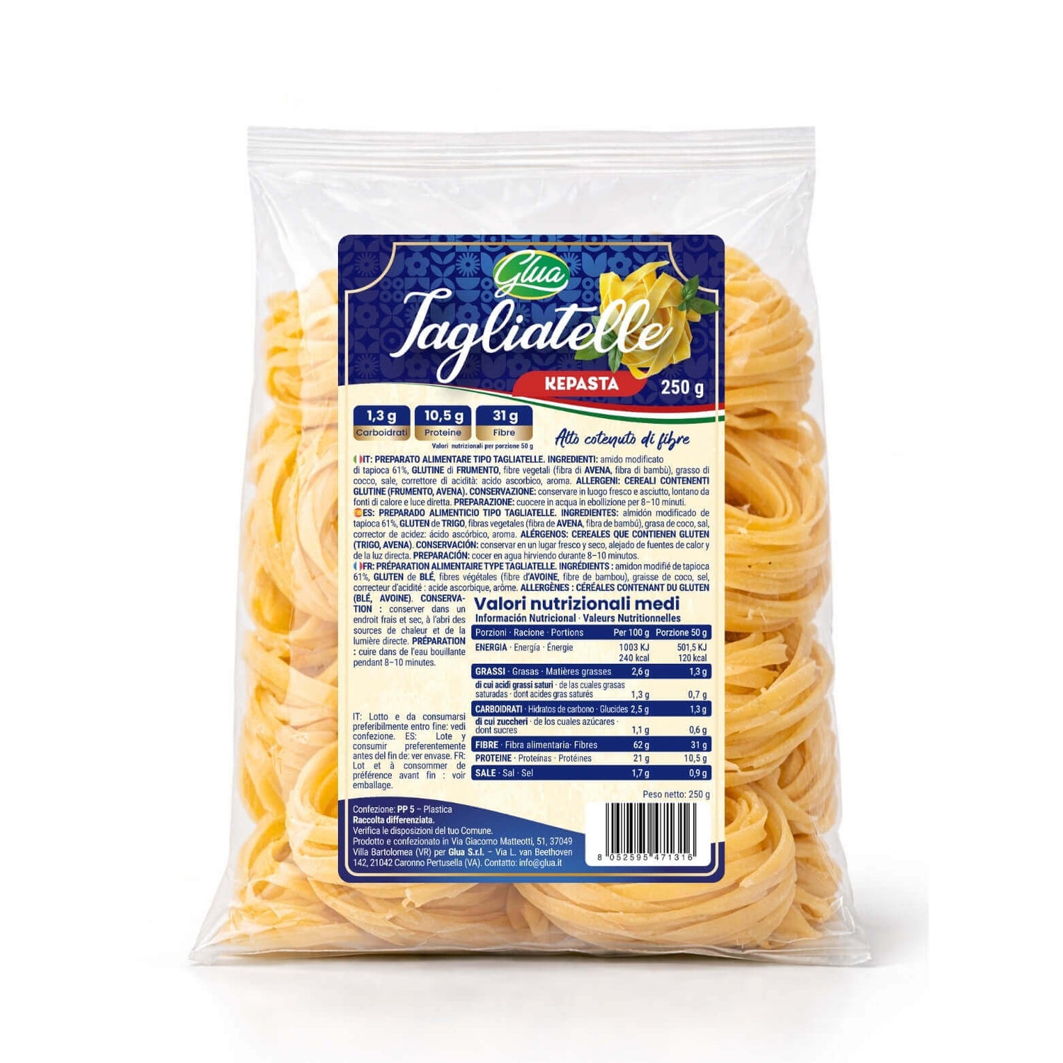 Kepasta tagliatelle 2.5 in confezione da 250 g, ideale per dieta chetogenica con 1,3 g di carboidrati per porzione.