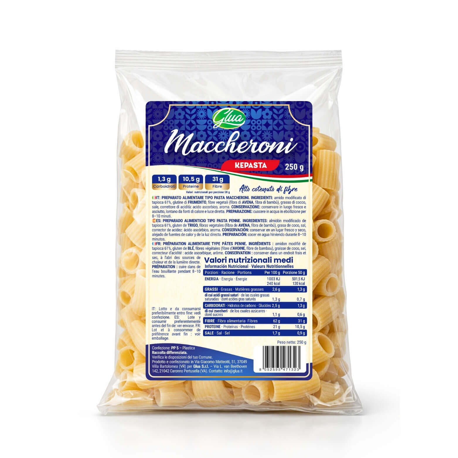 Kepasta Maccheroni 2.5 in confezione da 250 g, ideale per dieta chetogenica e cottura rapida.