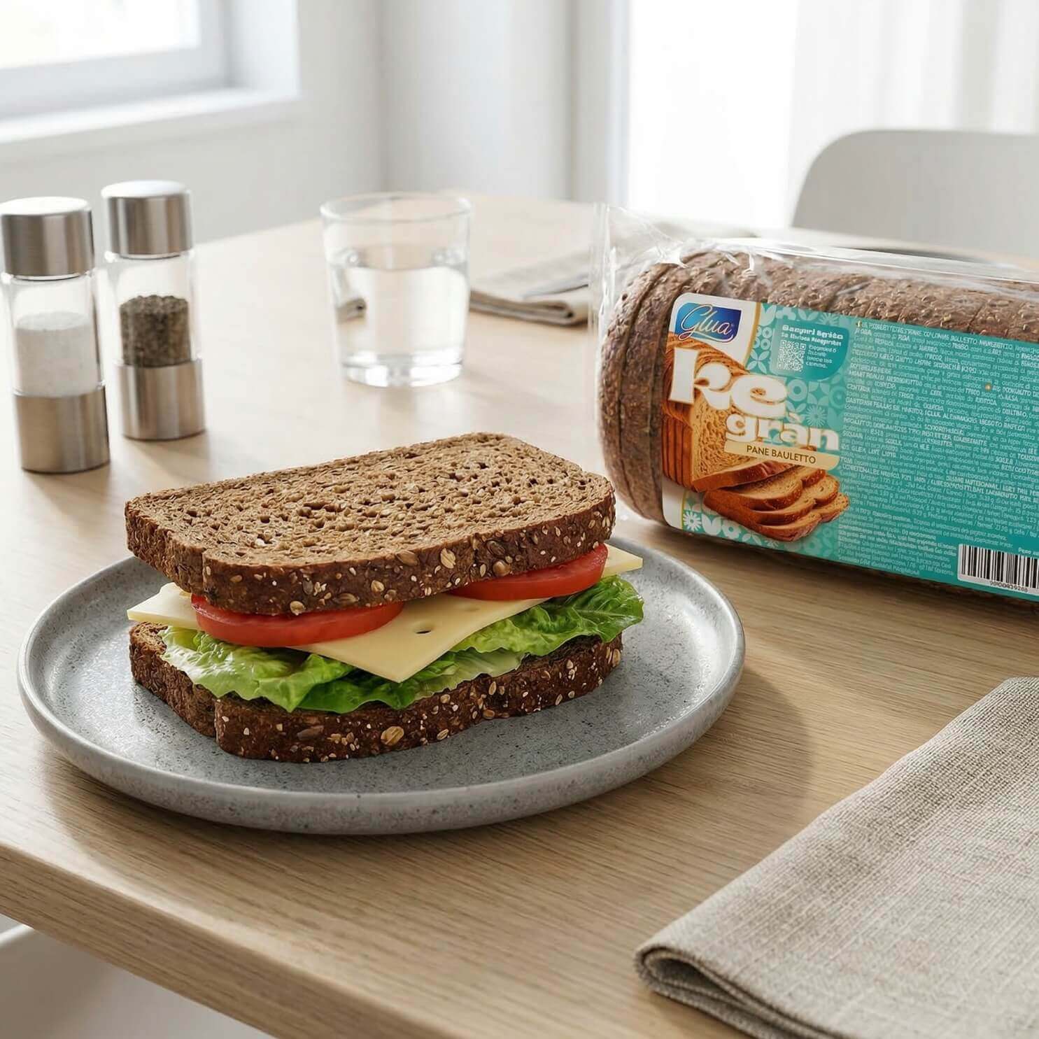 Box Mantenimento G6 Spesa mensile: panino con pane integrale, lattuga, pomodoro e formaggio su piatto.