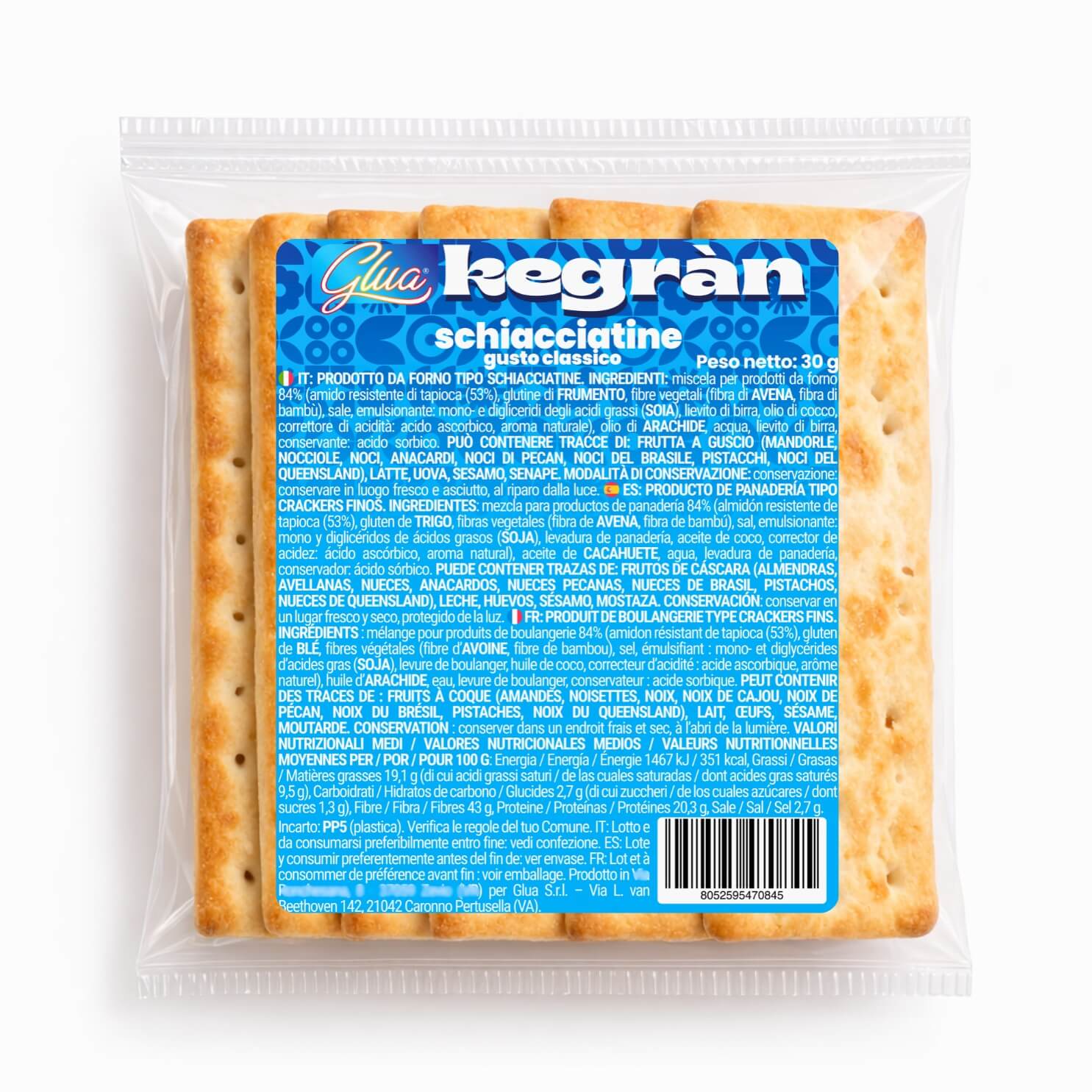 Schiacciatine proteiche gusto classico in confezione da 30 g, ideale per dieta chetogenica.