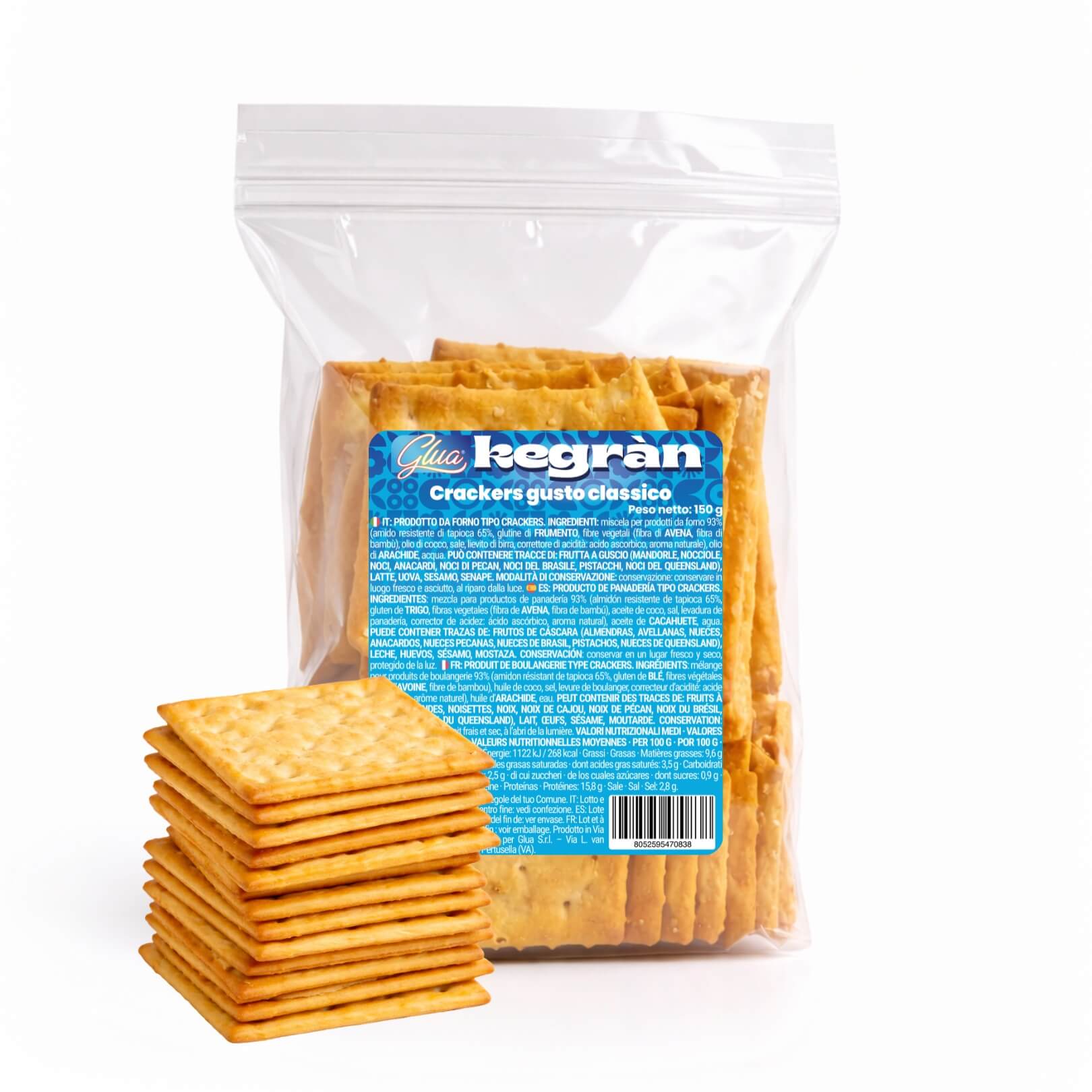 Crackers kegràn classici confezione con gusto classico per dieta chetogenica, 150 g di friabilità irresistibile.