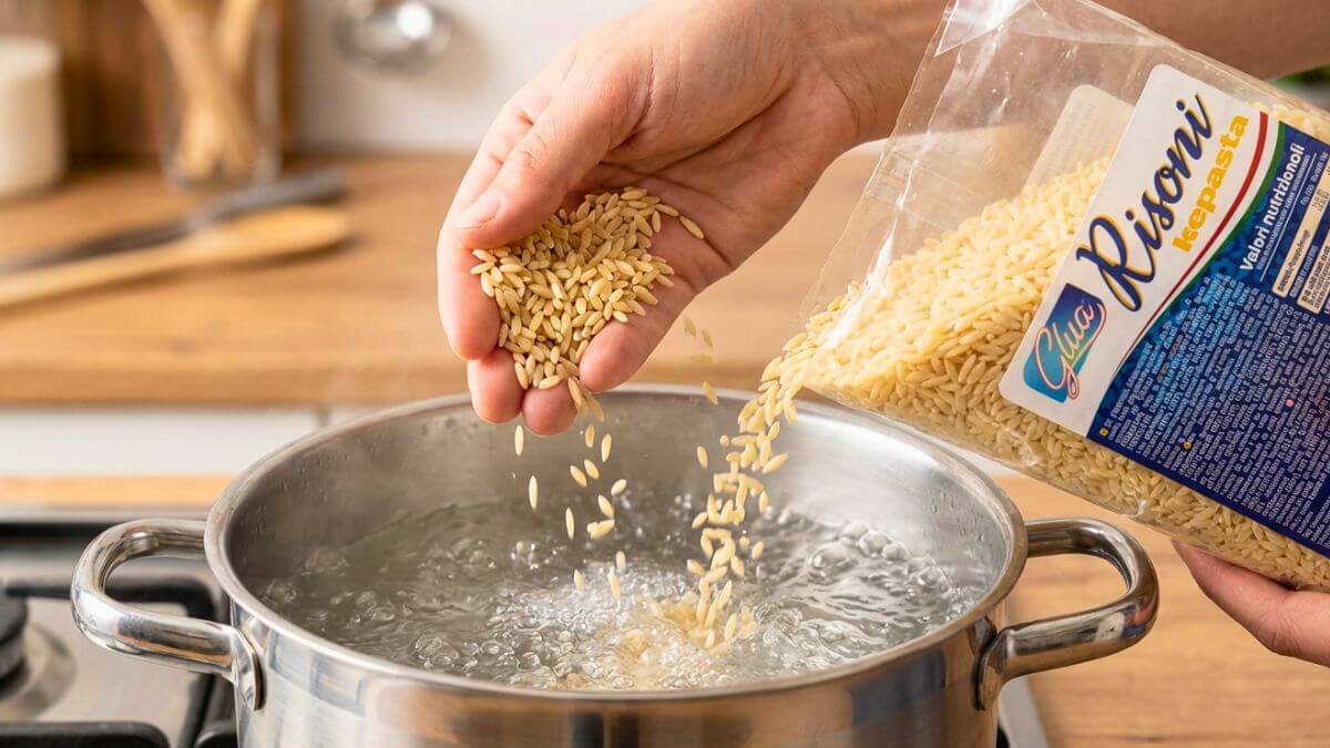 Una mano versa riso Risoni in una pentola con acqua bollente, in un ambiente cucina accogliente.